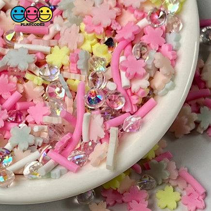 Blooming Blossoms Mix Fimo Diamond Rhinestone Fake Polymer Clay Sprinkles Pink Flowers Jimmies