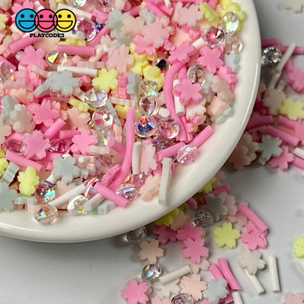 Blooming Blossoms Mix Fimo Diamond Rhinestone Fake Polymer Clay Sprinkles Pink Flowers Jimmies