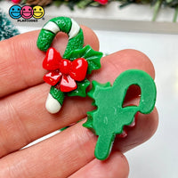 Candy Cane Christmas Green White Red Bow Glitter Flatback Charm Cabochons 10 Pcs