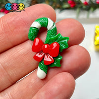 Candy Cane Christmas Green White Red Bow Glitter Flatback Charm Cabochons 10 Pcs