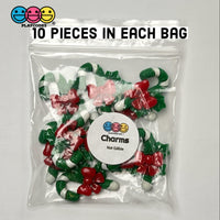 Candy Cane Christmas Green White Red Bow Glitter Flatback Charm Cabochons 10 Pcs
