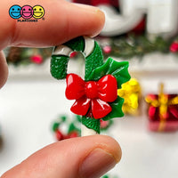Candy Cane Christmas Green White Red Bow Glitter Flatback Charm Cabochons 10 Pcs