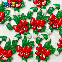 Candy Cane Christmas Green White Red Bow Glitter Flatback Charm Cabochons 10 Pcs