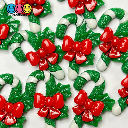 Candy Cane Christmas Green White Red Bow Glitter Flatback Charm Cabochons 10 Pcs