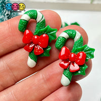 Candy Cane Christmas Green White Red Bow Glitter Flatback Charm Cabochons 10 Pcs