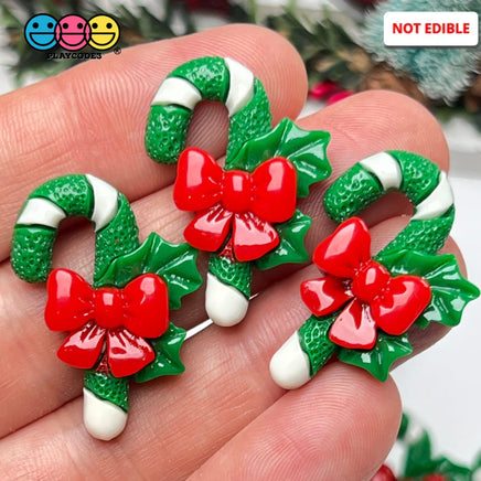 Candy Cane Christmas Green White Red Bow Glitter Flatback Charm Cabochons 10 Pcs