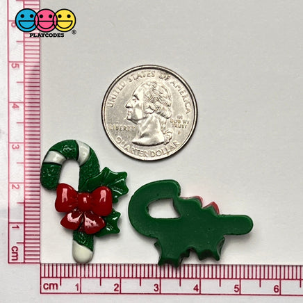 Candy Cane Christmas Green White Red Bow Glitter Flatback Charm Cabochons 10 Pcs