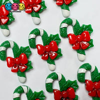 Candy Cane Christmas Green White Red Bow Glitter Flatback Charm Cabochons 10 Pcs