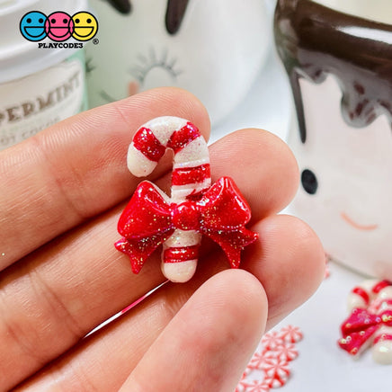 Candy Cane Christmas Red Bow Glitter Flatback Charm Cabochons 10 Pcs