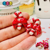 Candy Cane Christmas Red Bow Glitter Flatback Charm Cabochons 10 Pcs
