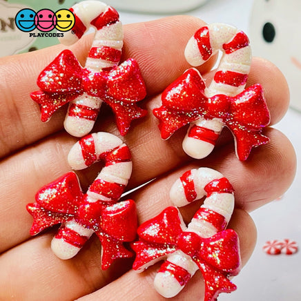 Candy Cane Christmas Red Bow Glitter Flatback Charm Cabochons 10 Pcs