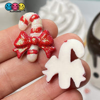 Candy Cane Christmas Red Bow Glitter Flatback Charm Cabochons 10 Pcs
