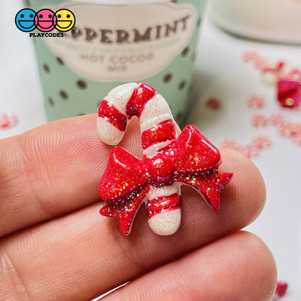 Candy Cane Christmas Red Bow Glitter Flatback Charm Cabochons 10 Pcs