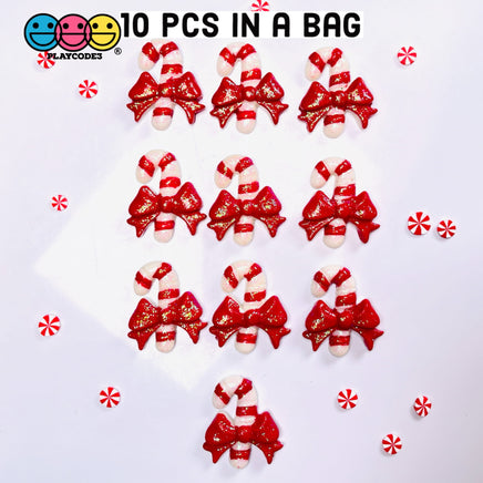 Candy Cane Christmas Red Bow Glitter Flatback Charm Cabochons 10 Pcs