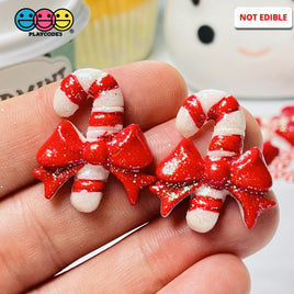 Candy Cane Christmas Red Bow Glitter Flatback Charm Cabochons 10 Pcs