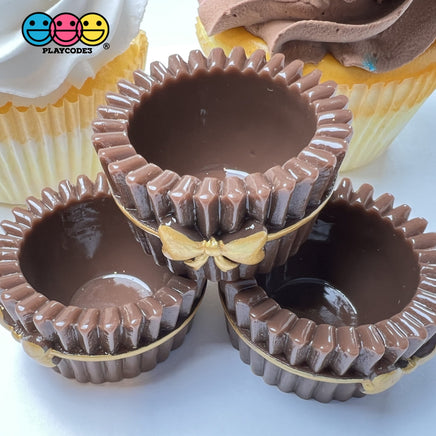 Chocolate Cupcake Cups With Gold Bow Robbin Fake Food Charms Cabochons Decoden 5 Pcs Charm