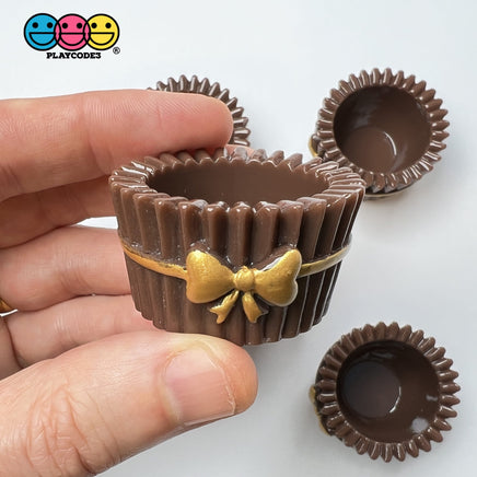 Chocolate Cupcake Cups With Gold Bow Robbin Fake Food Charms Cabochons Decoden 5 Pcs Charm