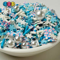 Christmas Holiday Snowflakes Rhinestone Gifts Blue White Confetti Pearl Beads Fake Clay Sprinkles