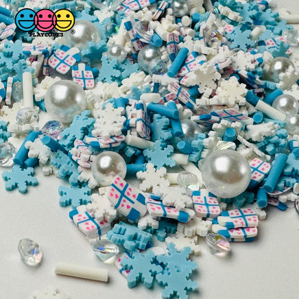 Christmas Holiday Snowflakes Rhinestone Gifts Blue White Confetti Pearl Beads Fake Clay Sprinkles