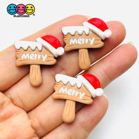 Christmas “Merry” Sign with Santa Hat Flat-Back Charms Holiday Cabochons Decoden 10 pcs Charm