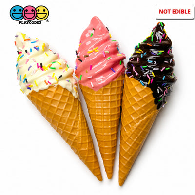 Fake Ice Cream Cone Soft Serve Waffle Prop Chocolate Strawberry Vanilla Realistic Faux Food Decor 3 pcs PLAYCODE3 LLC