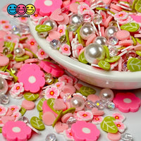 Flower Pink Daisies Fimo Diamond Rhinestone Fake Pearls Polymer Clay Sprinkles Jimmies Funfetti