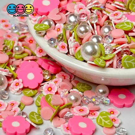 Flower Pink Daisies Fimo Diamond Rhinestone Fake Pearls Polymer Clay Sprinkles Jimmies Funfetti
