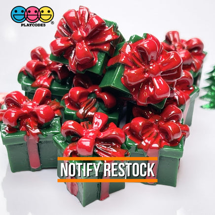 Gift Wrapped Green Box With Red Christmas Bow Charm Cabochons 10 Pcs