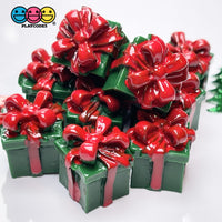 Gift Wrapped Green Box With Red Christmas Bow Charm Cabochons 10 Pcs
