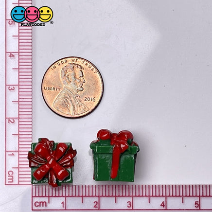 Gift Wrapped Green Box With Red Christmas Bow Charm Cabochons 10 Pcs