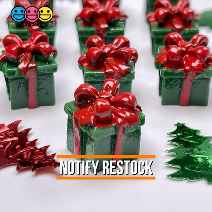 Gift Wrapped Green Box With Red Christmas Bow Charm Cabochons 10 Pcs