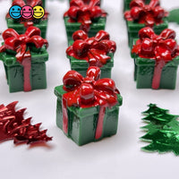 Gift Wrapped Green Box With Red Christmas Bow Charm Cabochons 10 Pcs