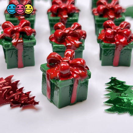 Gift Wrapped Green Box With Red Christmas Bow Charm Cabochons 10 Pcs