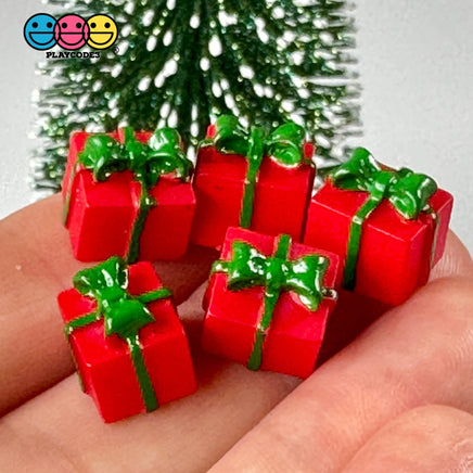 Gift Wrapped Red Box With Green Christmas Bow Charm Cabochons 10 Pcs