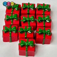 Gift Wrapped Red Box With Green Christmas Bow Charm Cabochons 10 Pcs