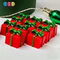 Gift Wrapped Red Box With Green Christmas Bow Charm Cabochons 10 Pcs