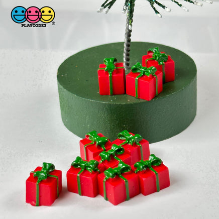 Gift Wrapped Red Box With Green Christmas Bow Charm Cabochons 10 Pcs