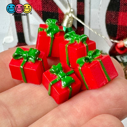 Gift Wrapped Red Box With Green Christmas Bow Charm Cabochons 10 Pcs