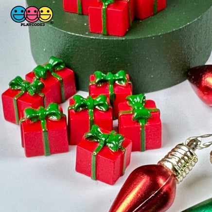 Gift Wrapped Red Box With Green Christmas Bow Charm Cabochons 10 Pcs