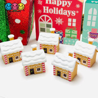Gingerbread House Christmas Holiday Cabochon Charm Snow Roof Candy Stripes – 5pcs Bag Charm