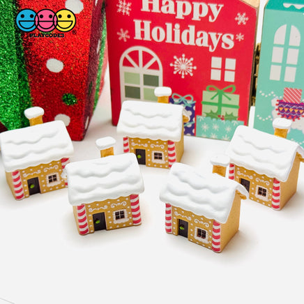 Gingerbread House Christmas Holiday Cabochon Charm Snow Roof Candy Stripes – 5pcs Bag Charm