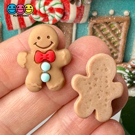 Gingerbread Man With Red Bow And Blue Gumdrop Buttons Fake Cookie Charm Christmas Cabochons 10 Pcs