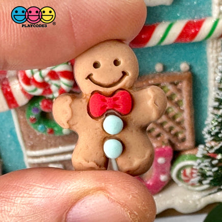 Gingerbread Man With Red Bow And Blue Gumdrop Buttons Fake Cookie Charm Christmas Cabochons 10 Pcs
