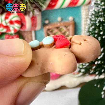 Gingerbread Man With Red Bow And Blue Gumdrop Buttons Fake Cookie Charm Christmas Cabochons 10 Pcs