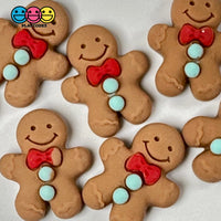 Gingerbread Man With Red Bow And Blue Gumdrop Buttons Fake Cookie Charm Christmas Cabochons 10 Pcs