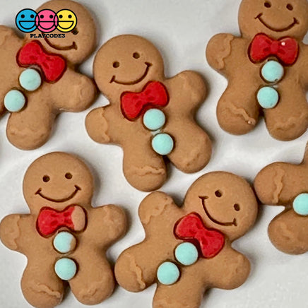 Gingerbread Man With Red Bow And Blue Gumdrop Buttons Fake Cookie Charm Christmas Cabochons 10 Pcs