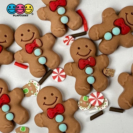 Gingerbread Man With Red Bow And Blue Gumdrop Buttons Fake Cookie Charm Christmas Cabochons 10 Pcs