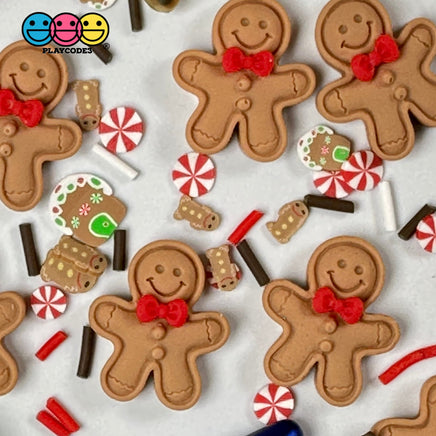 Gingerbread Man With Red Bow Fake Cookie Charm Christmas Cookies Cabochons 10 Pcs