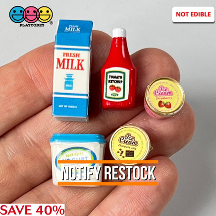Grocery Items Set Milk Yogurt Ketchup Ice Cream Miniature Charms Cabochon Dollhouse 5 Pcs Charm