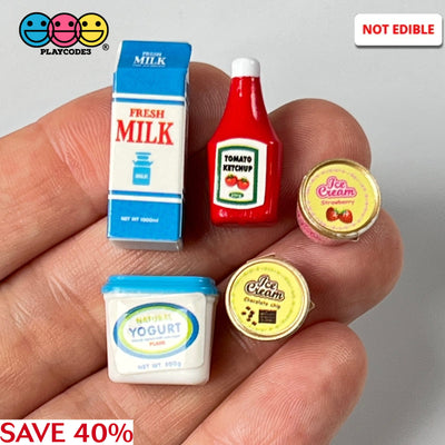 Grocery Items Set Milk Yogurt Ketchup Ice Cream Miniature Charms Cabochon Dollhouse 5 Pcs Charm